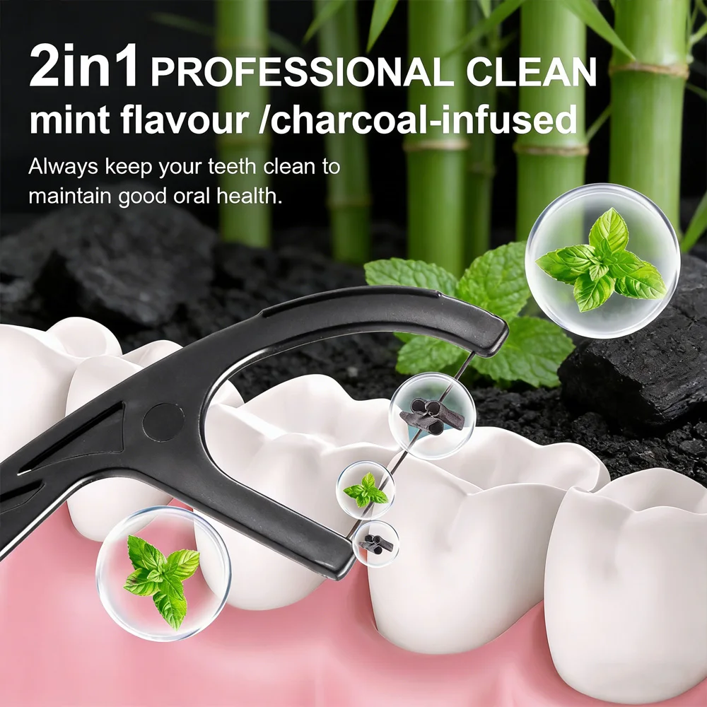RIMI SMILE Bamboo Charcoal Mint Dental Floss Picks 200PCS (2 Packs) High Tensile Thin Smooth Interdental Cleaning Oral Care Tool