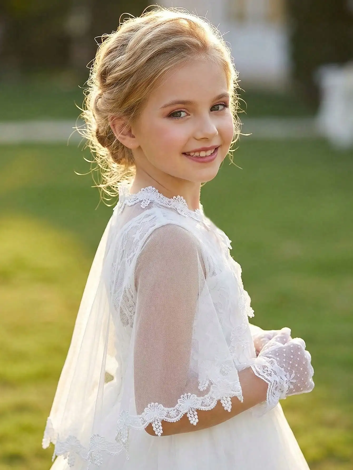 Immagine 5: Set di 2 Pezzi per Bambine 3-8 Anni: Sciarpa Bianca da Principessa + Guanti in Pizzo con Fiocco, Accessori per Matrimoni, Feste e Servizi Fotografici