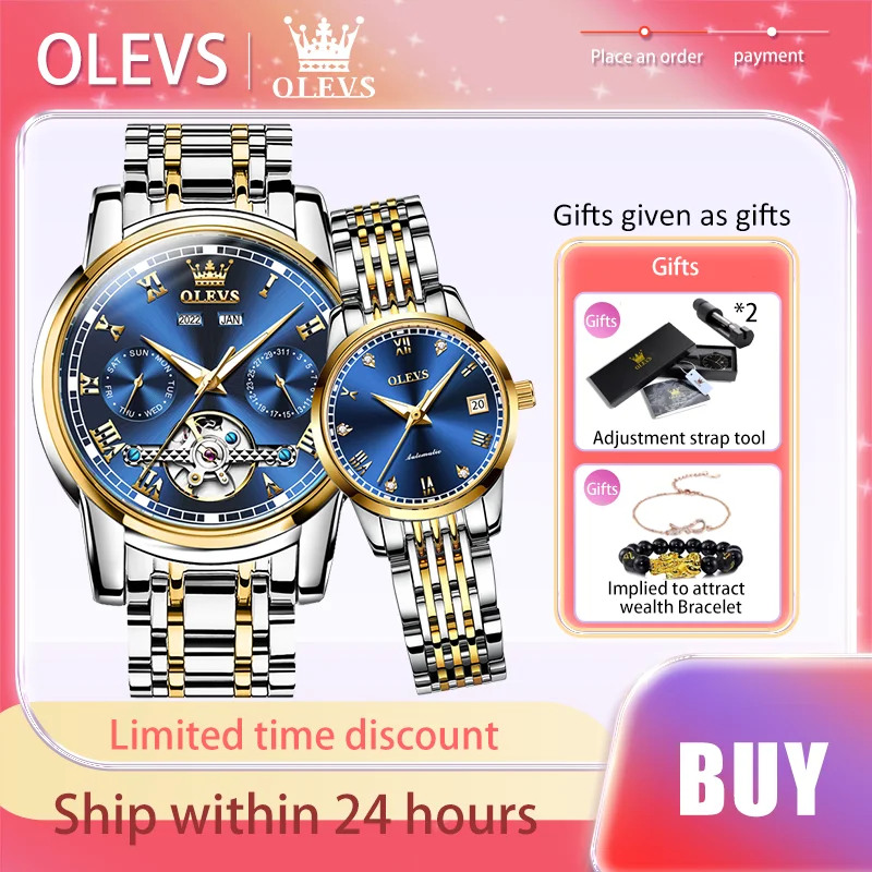 OLEVS Luxury Brand Couple Watches Automatic Mechanical Watch Waterproof Date Luminous Gift Bracelet Men's and Women's Watches