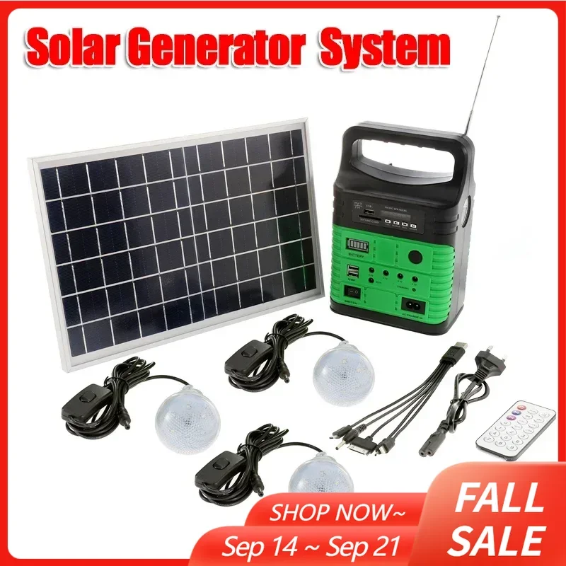 Portable Camping Solar Power Generator System Solar Panels + Radio + 3 Light Bulbs + Remote Control Outdoor Emergency Supply