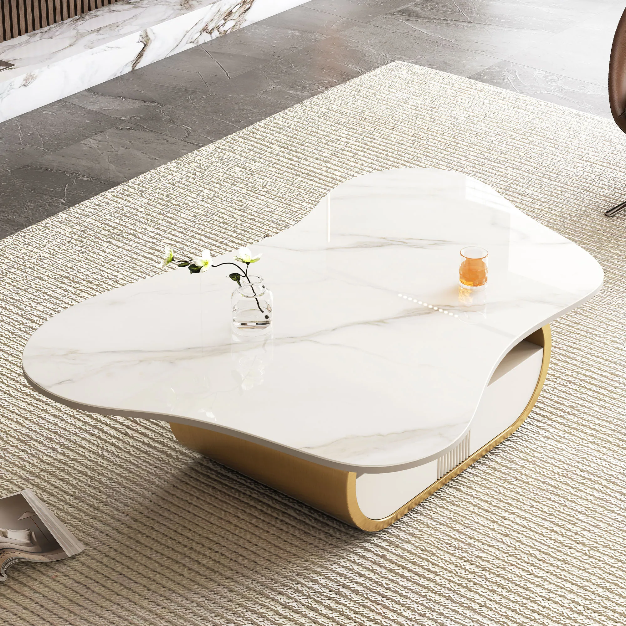 #Contemporary Butterfly Oval Coffee Table With Sintered Stone Top And Storage Shelf Drawer Stainless Steel Base Marble Material