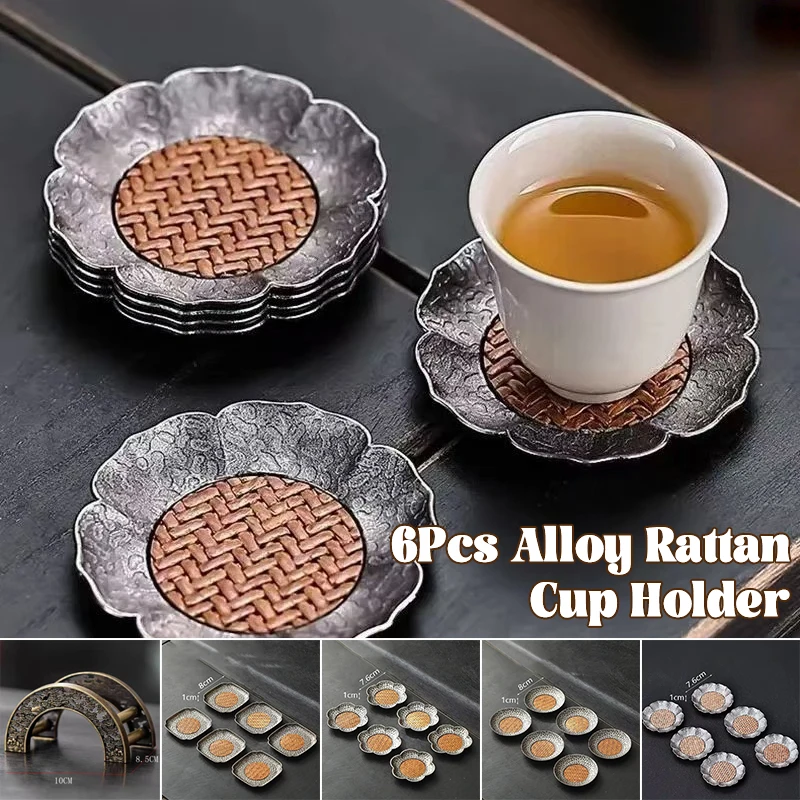 

6 Pcs Chinese Hammer Patterned Alloy Rattan Coaster Heat Insulation Water Cup Pad Retro Saucer Rattan Woven Lotus Tea Cup Holder