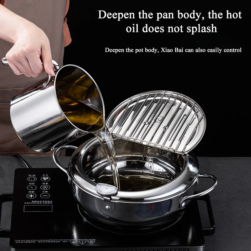 304 Stainless Steel Pan ,Tempura Fryer Pan, Japanese Deep Frying Pot with a Thermometer and a Lid， cookware ，20 /24 /28cm