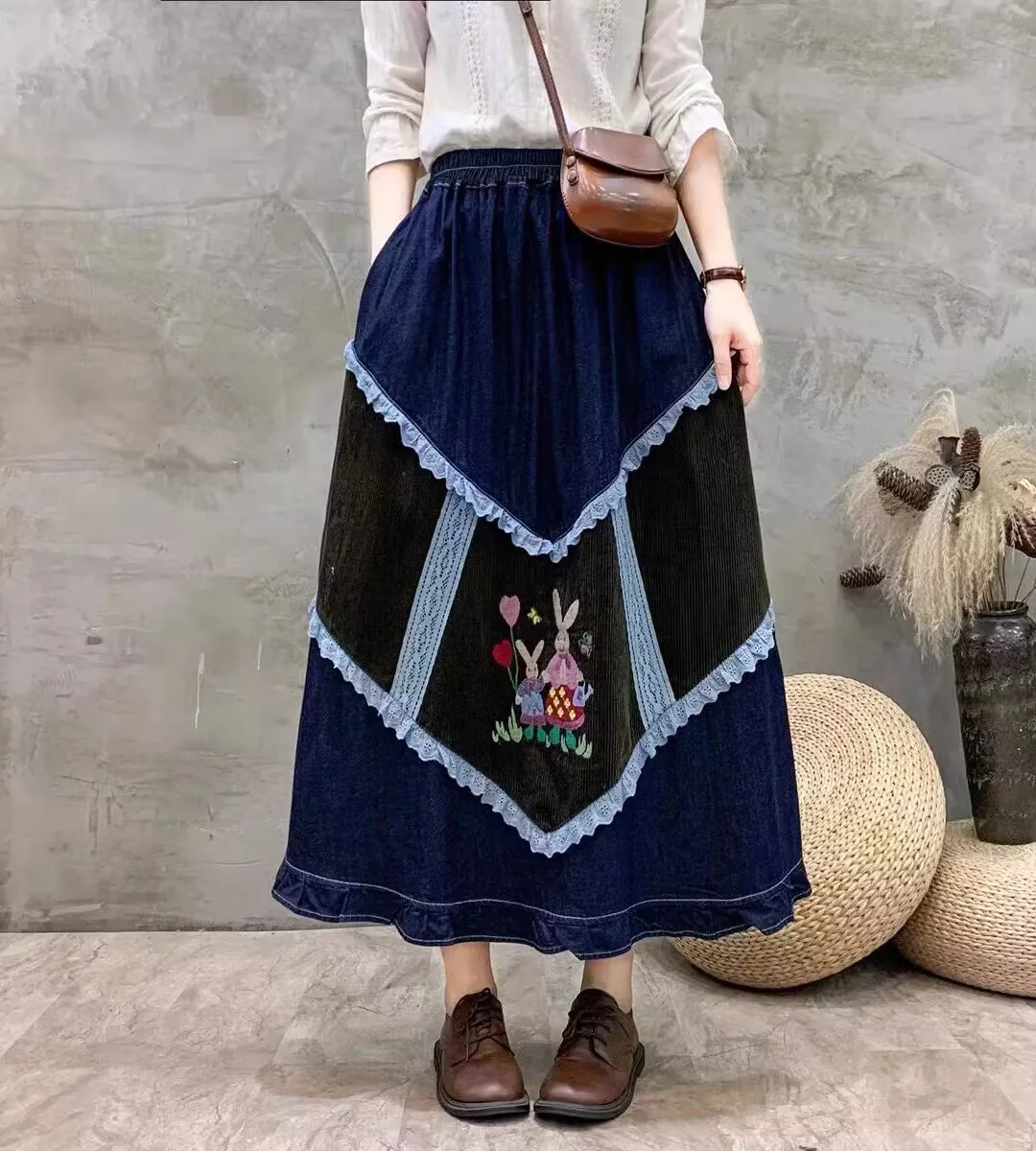 Vintage Embroidery Blue Denim Skirts Spring Autumn Japanese Mori Girl Elastic High Waist A Line Skirts