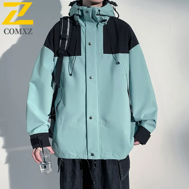 

COMXZ 2025 для мужчин и женщин пара цветных блоков куртка с капюшоном весна осень модное двустороннее водонепроницаемое спортивное легкое пальто
