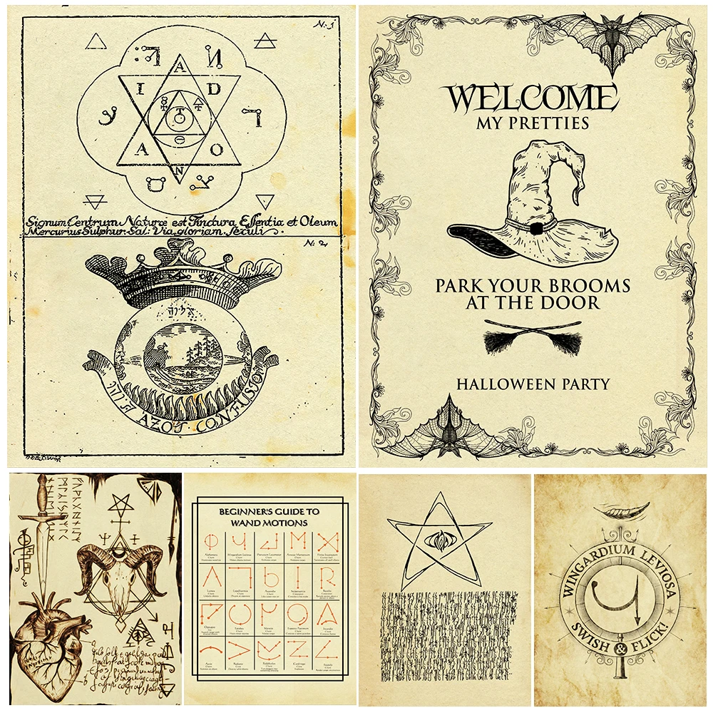 

Wand Motions Spell Chart And Alchemist Illustration Vintage Wall Art Canvas Print Necronomicon Page Art Poster Print Home Decor