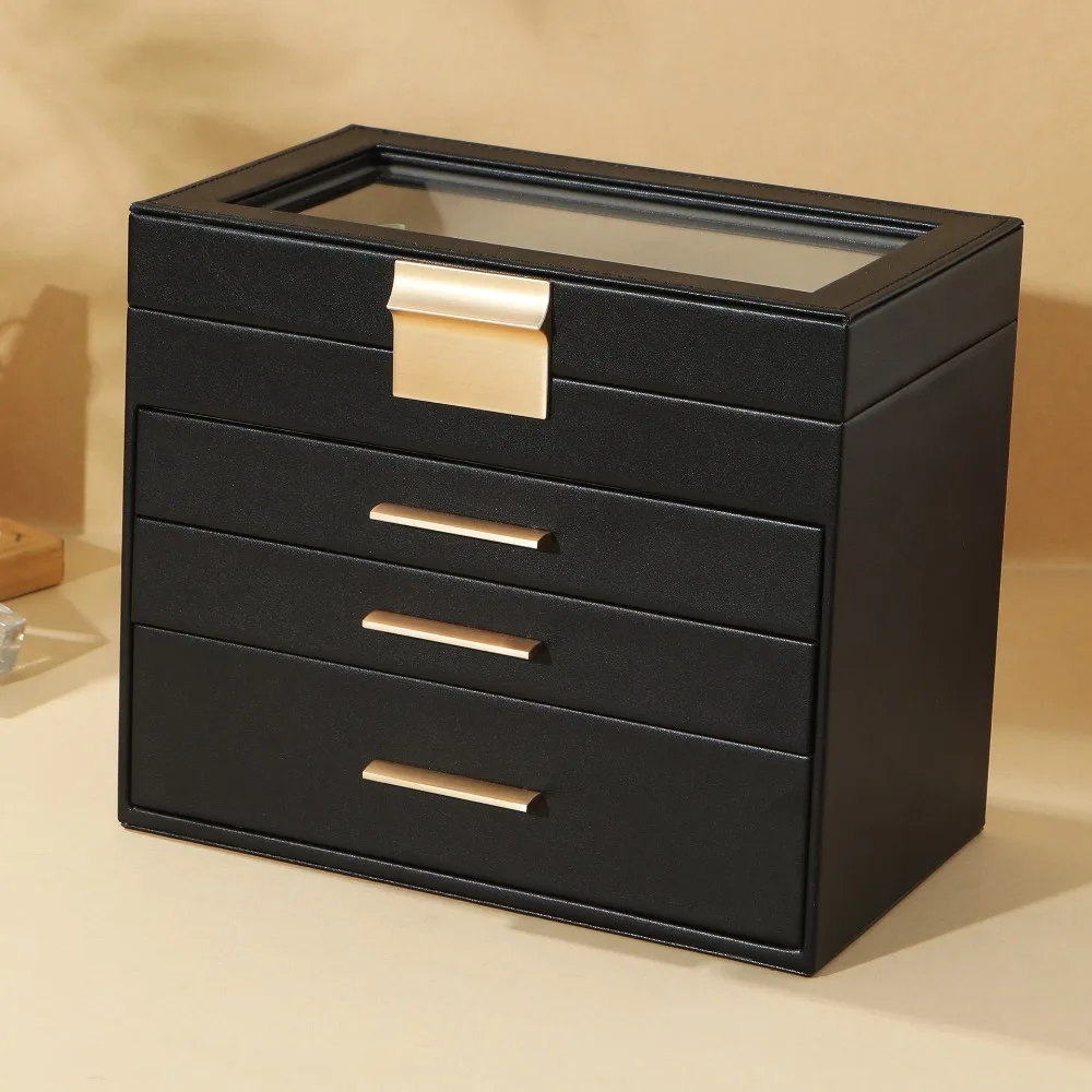 PU Window Jewelry Storage Box Anti-Oxidation Multi-Layer Design Four Layer Jewelry Box With Mirror Hardware Compartments