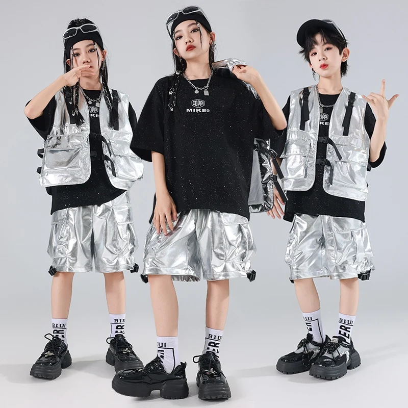 

Silver Boys Girls Jazz Dance Kpop Outfit Kids Hip Hop Clothing Child Ballroom Dance Performance Costume Street Dancewear XS9307