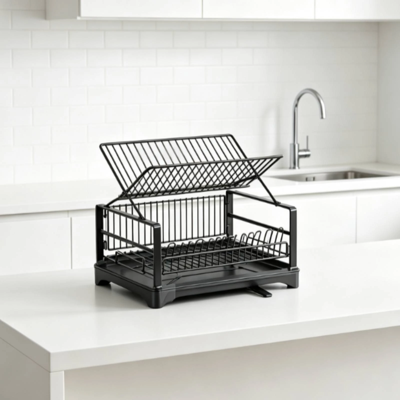 Dish Drying Rack with Water-Catch Tray Space-Saving 2-Tier Dish Rack Automatic Drainage Multifunctional for Rv Kitchen