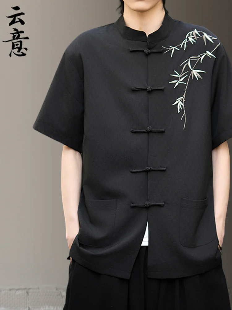 レトロ中国唐服メンズ夏薄氷シルク半袖刺繍入り伝統漢服通気性中山服