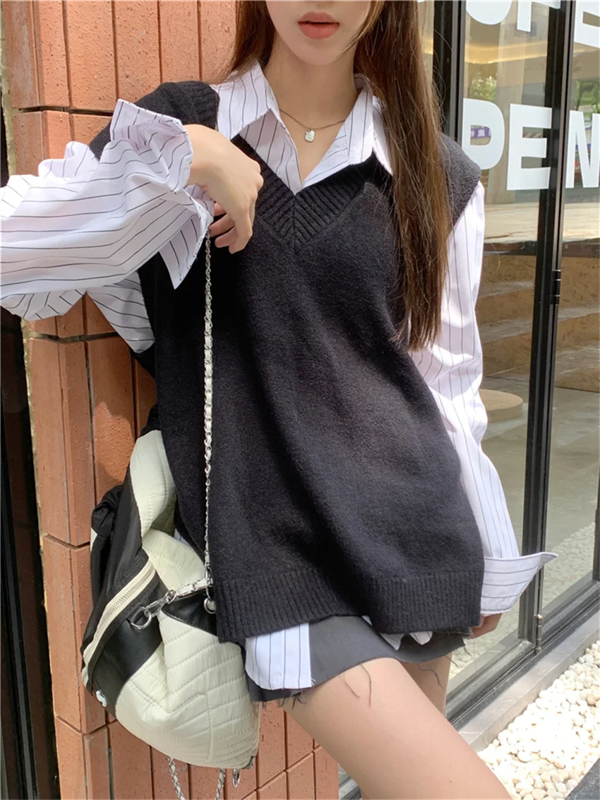 PLAMTEE Sweet Autumn Chic Sweaters Vest Elegant Women All Match Knitted Casual Loose Stripes Shirts Daily Preppy Style New