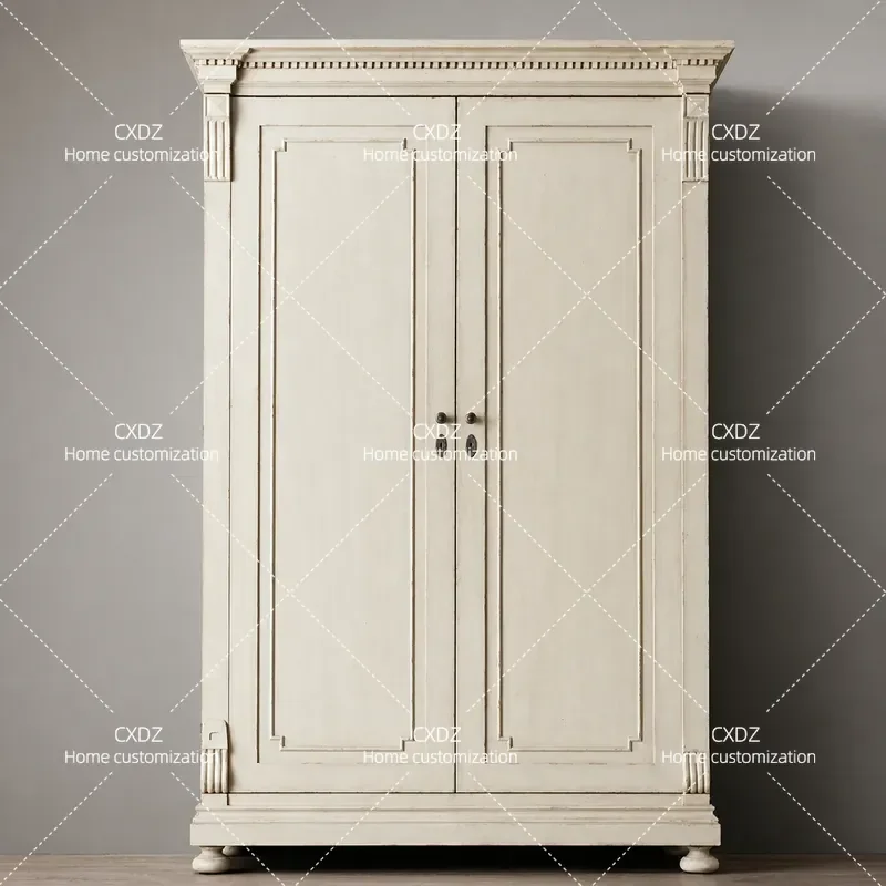 American Country Style Solid Wood Wardrobe Double Door Antique Retro White Old Oak Finish Bedroom Storage Cabinet Furniture