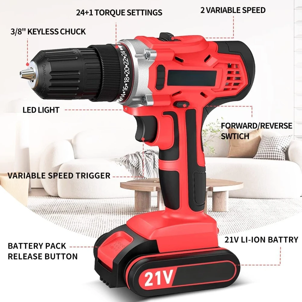 21V Cordless Power Drill - Electric Drill Set with Battery and Fast Charger, 30pcs Drill/Driver Bits