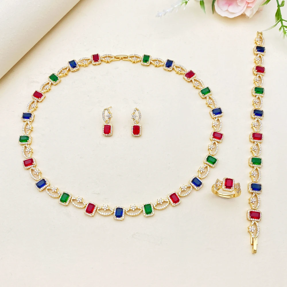 

Flora 2025 сверкающий циркон, комплект ювелирных изделий из 4 предметов, позолоченный браслет, кольцо, ожерелье, серьги, подарок для подруги, дня рождения