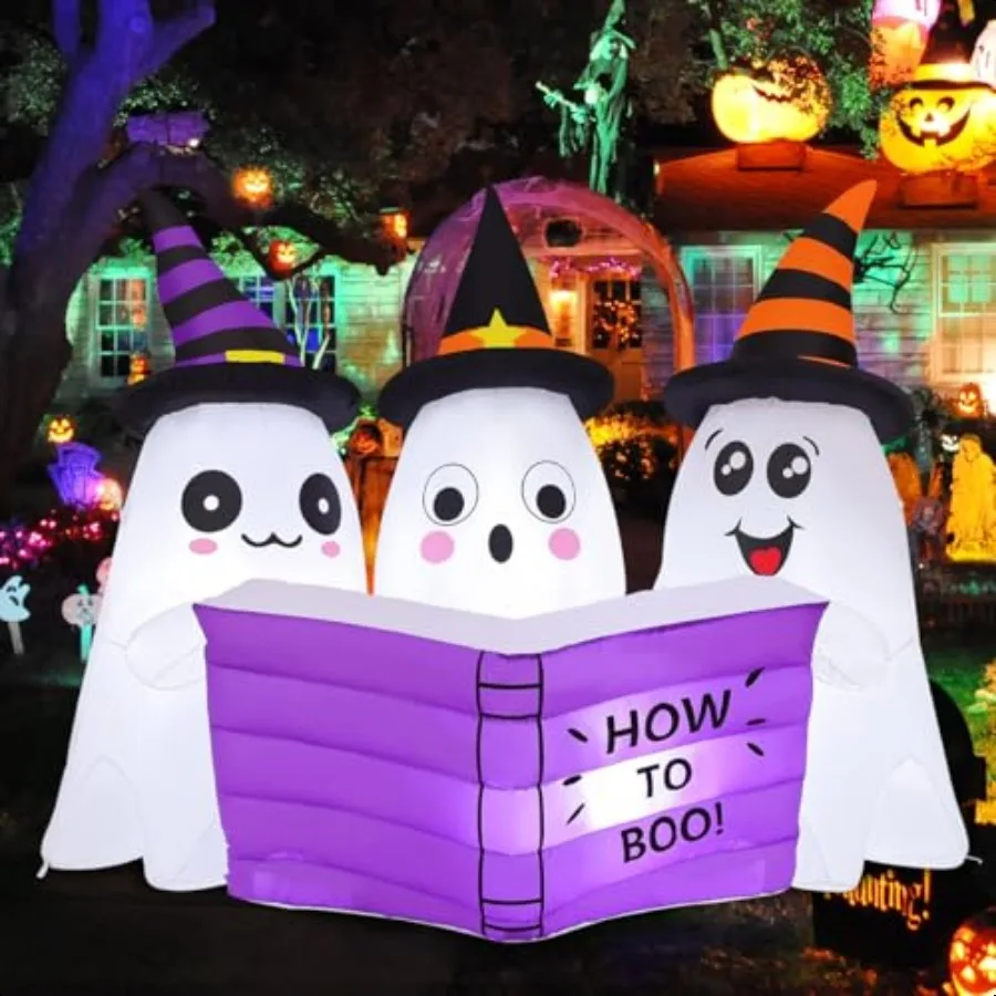GOOSH 5.2FT Long Halloween Iatables Ghost Outdoor Decoration Blow Up Yard Cute Ghosts Reading Book with Builtin LEDs for Indoor