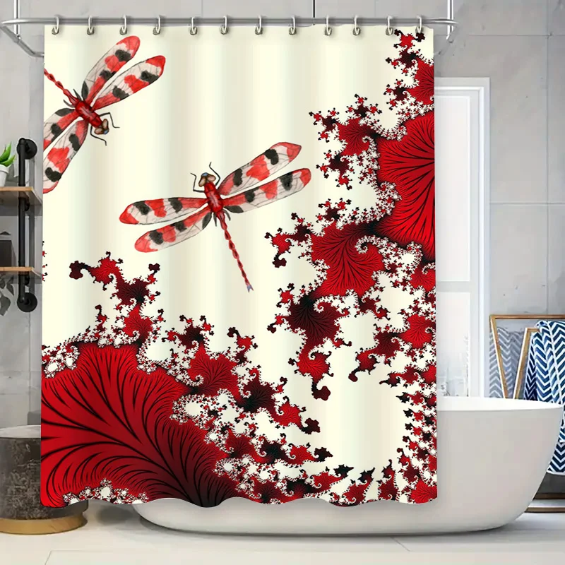 

Современная занавеска для душа с красными стрекозами и принтом, декор для ванной комнаты, водонепроницаемая ткань для домашних аксессуаров для ванной, фрактальный узор (W