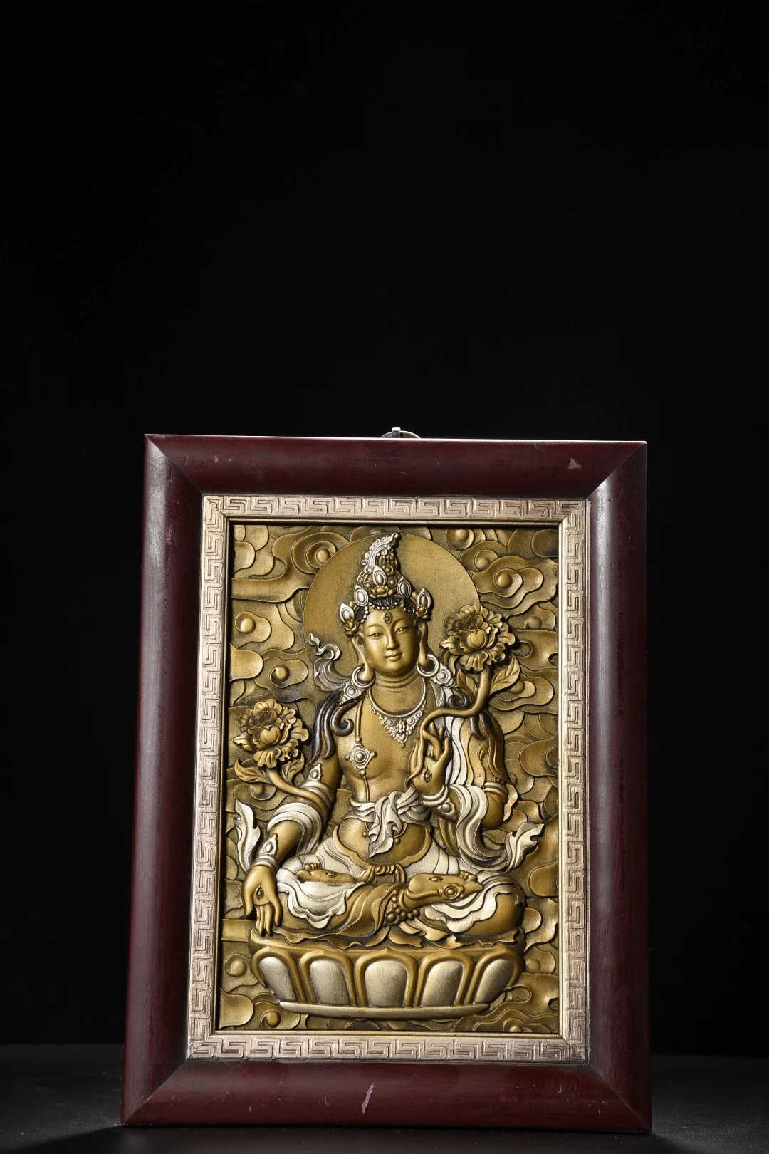 

13"Tibetan Temple Collection Old Sandalwood Mosaic Purple Bronze Painted Relief White Tara Buddha Thangka hanging panel