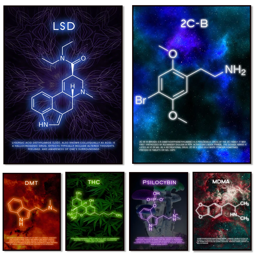 DMT Molecule, 2CB Molecule, LSD Molecule, THC Molecule Psychedelic Painting Wall Art Poster and Printed Home Decor