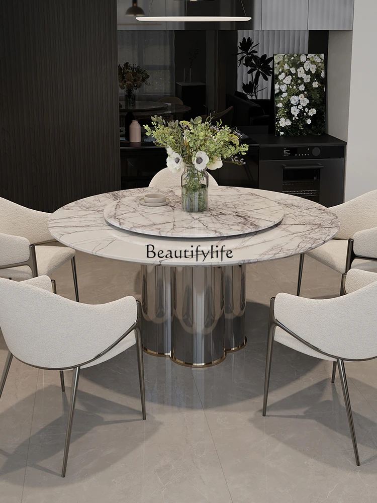 Natural Marble Fragrant Snow Plum Dining Table High-Grade Light Luxury Designer Model Villa Home round Table with Turntable