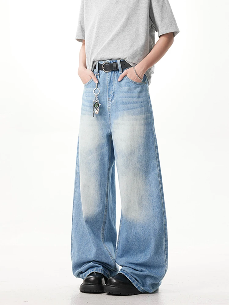 Celana Jeans Retro Adient Knife Pria Model Amerika High Street Waed Wide Leg Panjang Trendy Remaja Straight Loose Fit