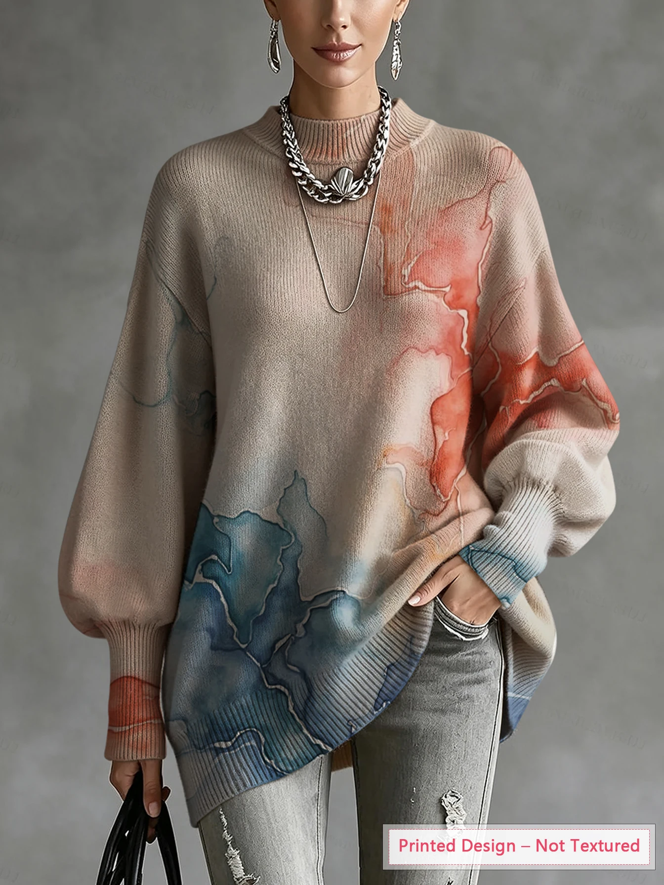 Women's Autumn and Winter Tops, Irregular Hem, Lantern Sleeves, Thin Pullover Sweater, Artistic Tie-Dye Pattern Print, Casual Style Outfit