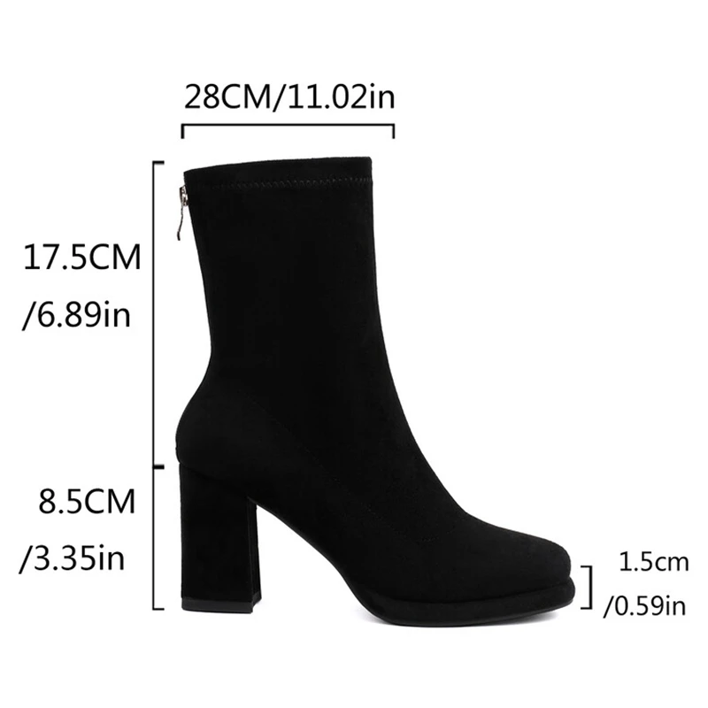 REAVE CAT Fashion 8.5cm Block Heel 1.5cm Platform Flock Block Ankle Boots Stretchy Antislip Shoes Big Size 48 US17 Apricot