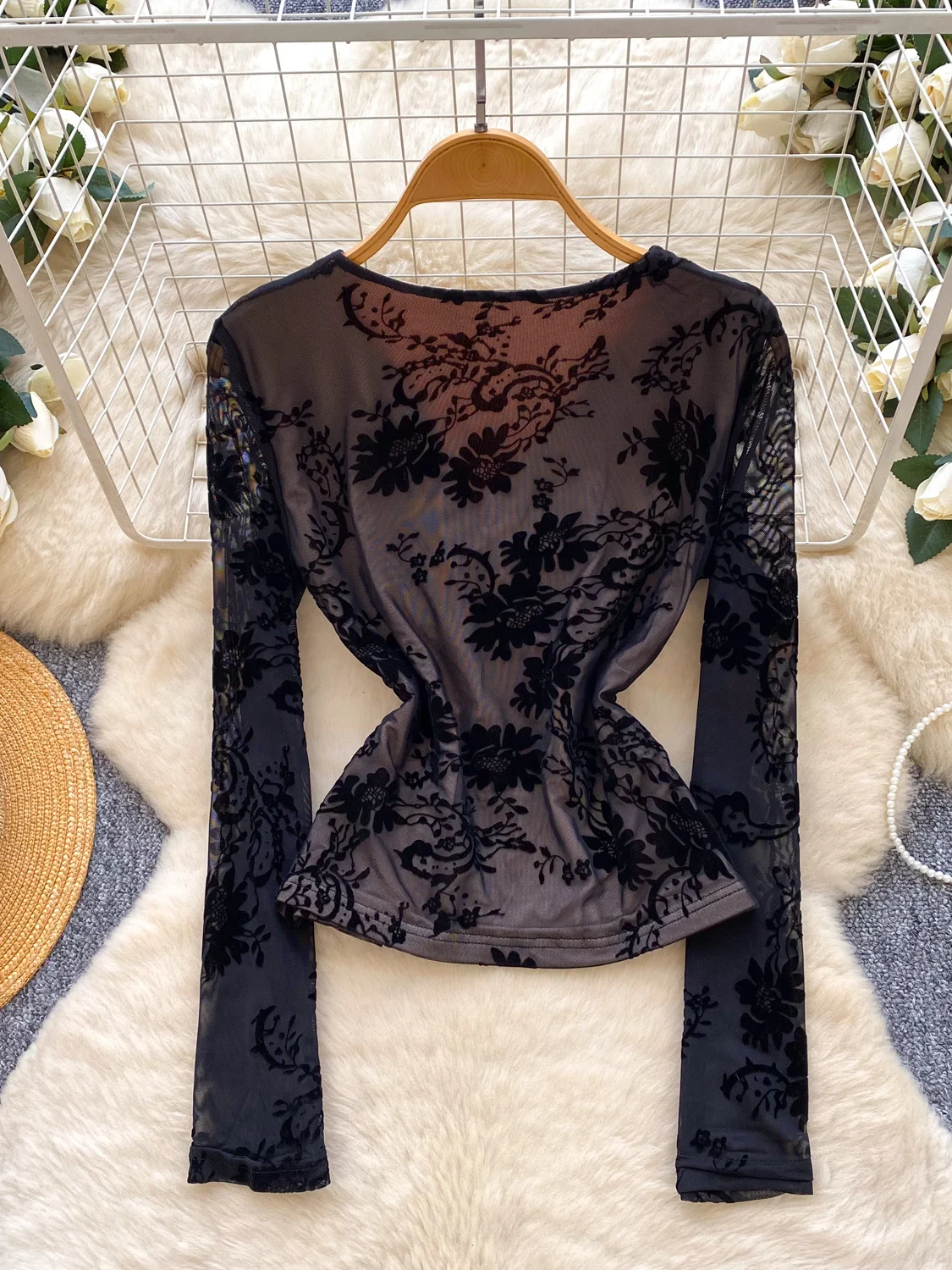 Retro V-Ne Long Sve Floing Me irt المرأة سليم صالح الراقية يشعر عقدة تصميم زر معدني قاعدة irt الكورية Sle... #4