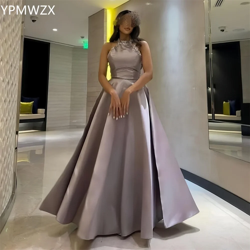 

Customized Prom Gown Formal Evening Dress YPMWZX High Collar A-line Floor Length Skirts Draped Sleeveless Bead Bespoke Occasion