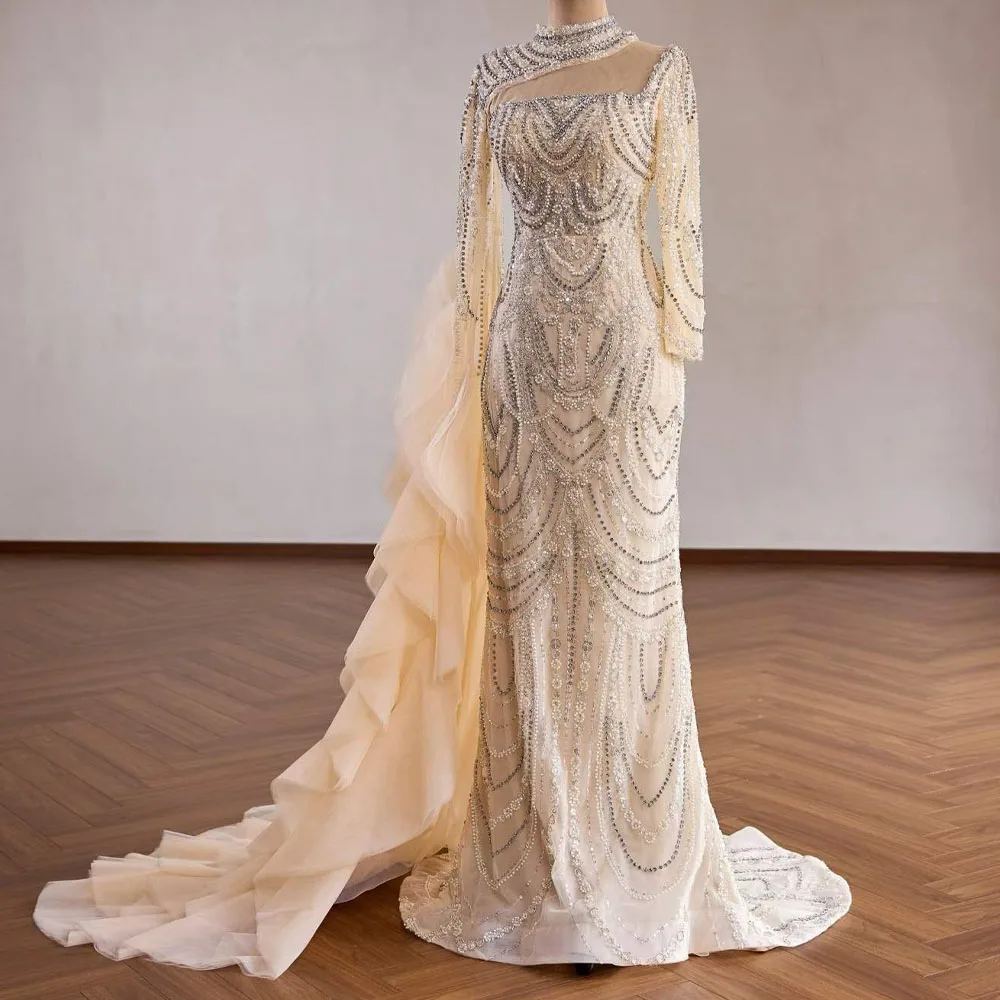 2026 Customizable Long Sleeve Evening Dress Champagne Turtle Color Lace-Up Back Beaded Crystal Detail For Prom Dress