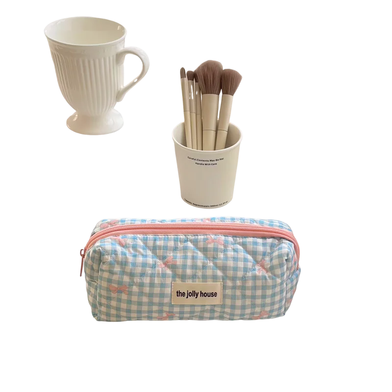 

High Appearance Level Large Capacity Pencil Case Plaid Bow Storage Bag Multi-Functional Layered Design Girls Pencil Case