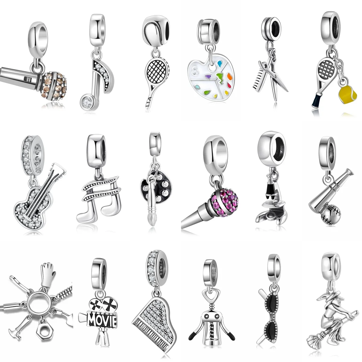 925 Sterling Silver Music Symbol Microphone Guitar Piano Scissors Pendant Charm Fit Original Bracelet Diy Jewelry Accessories