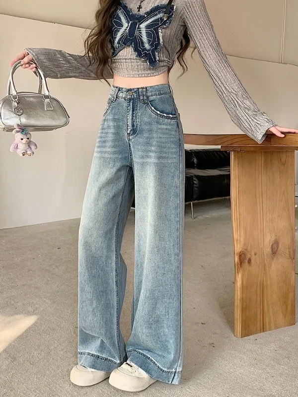 

plus Size Women's Korean Style Denim High Waist Wide Leg Pants Straight Cut Slimming Trousers Versatile Casual Cotton Jeans