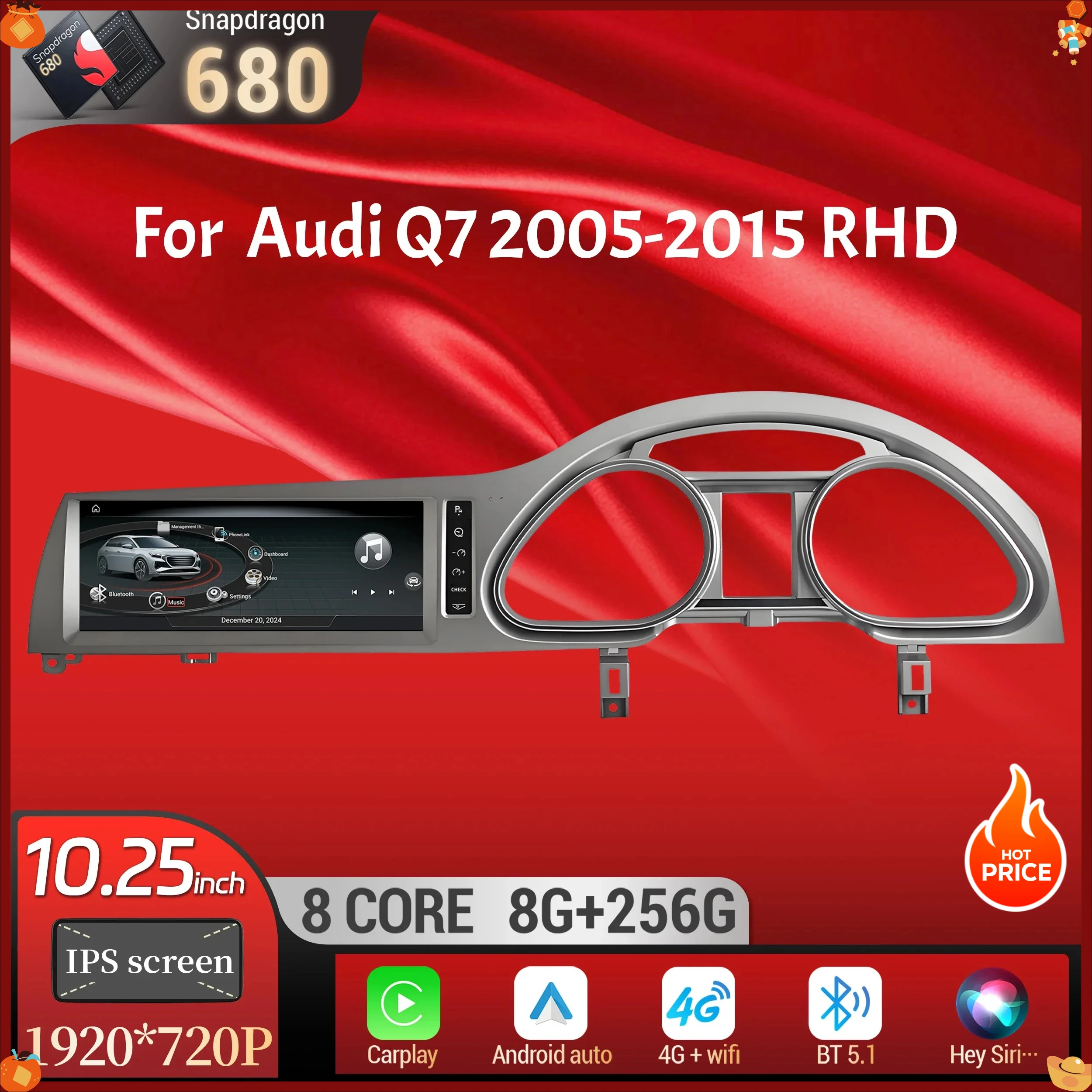 10,25-дюймовый экран для Audi Q7 2005-2015, Android 14, для праворульных автомобилей, автомобильная магнитола с беспроводным CarPlay, процессор Qualcomm Snapdragon 680, головное устройство.