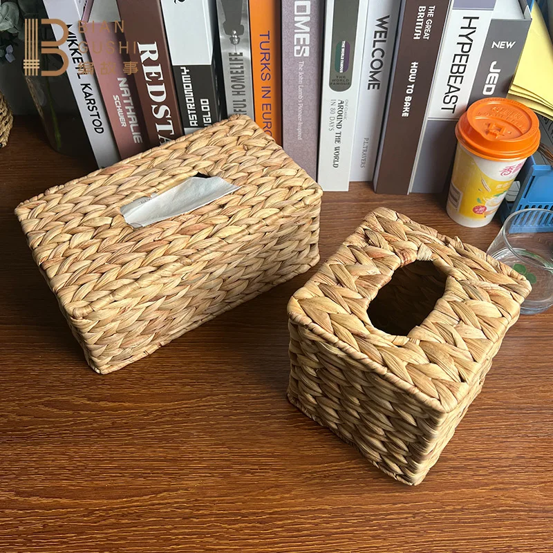 

Pastoral Straw Woven Tissue Box, Water Hyacinth Grass Woven Tissue Basket, Table Top Ornament, Pumping Carton