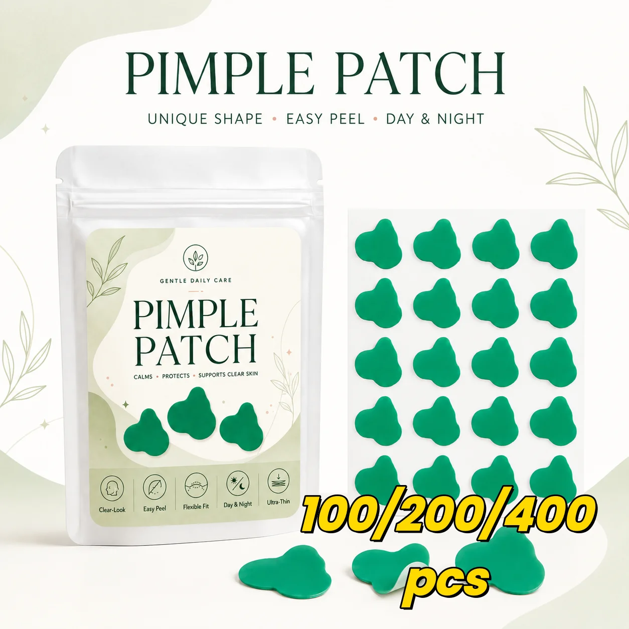 Acne Patches (100/200/400 Pieces), 20 per Sheet, Green Cloud Shapes—Soft, Flexible, Fresh-Look Design for Daily Use