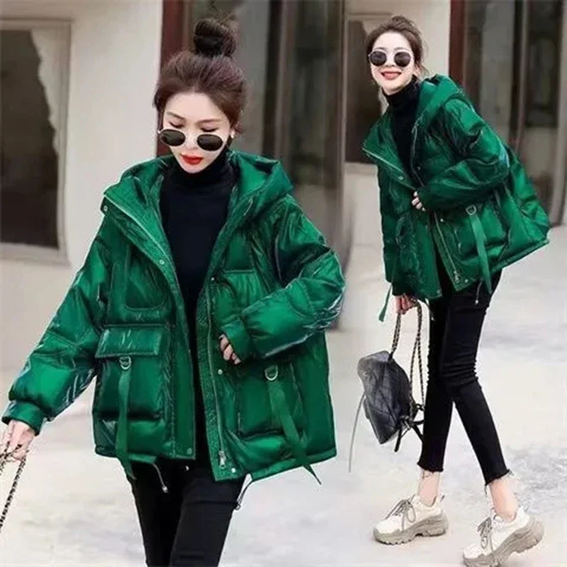 Winter New glossy Down Cotton Jacket Thick Warm Hooded Puffer Jacket Women Parka Oversized Korean Coat Black Red Green Blue tops