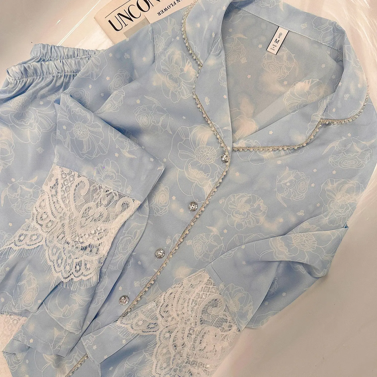 

Print Flower Women 2PCS Pajamas Set Sleepwear Silk Satin Long Sleeve Trouser Home Clothing Fashion Bead Lace Loungewear Lingerie