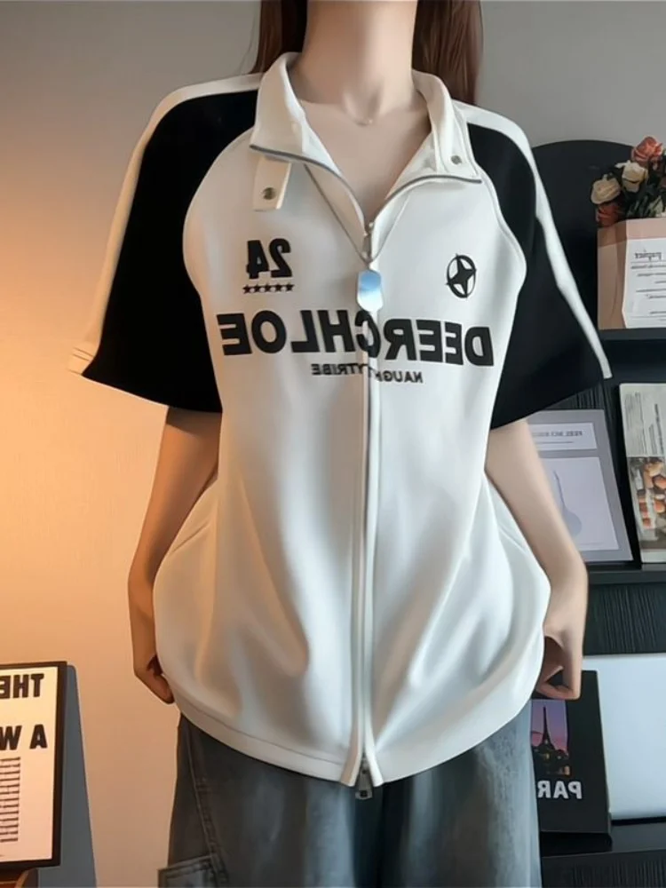 2026 Summer Women Black White Color Block Jersey Tee Zip Up Motorcycle Short Sleeve Top Heavy Fabric Couple Matching American