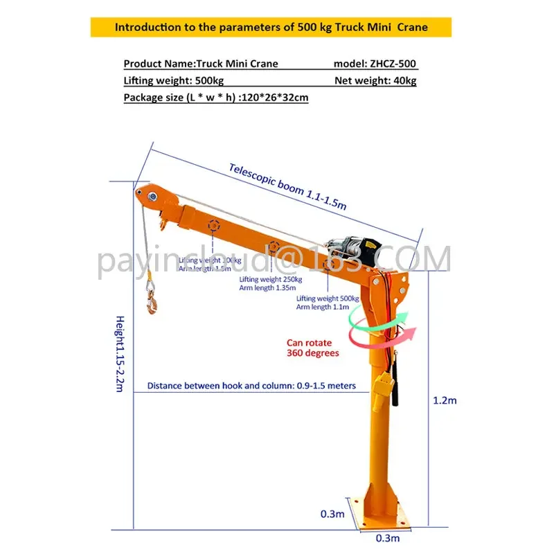 Remote Control Mobile Jib Mounted Pickup Arm Lift Small Mini Crane 500kg Truck Cranes Portable Electric Hoist