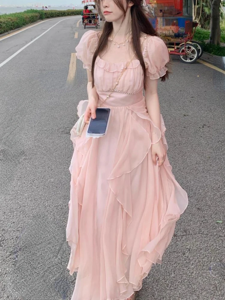 Französisch Fee Chiffon Midi Kleid Frauen Kurzarm Casual Boho Strand Sommerkleid Frauen Rosa Elegante Koreanische Kleid 2022 Sommer Chic