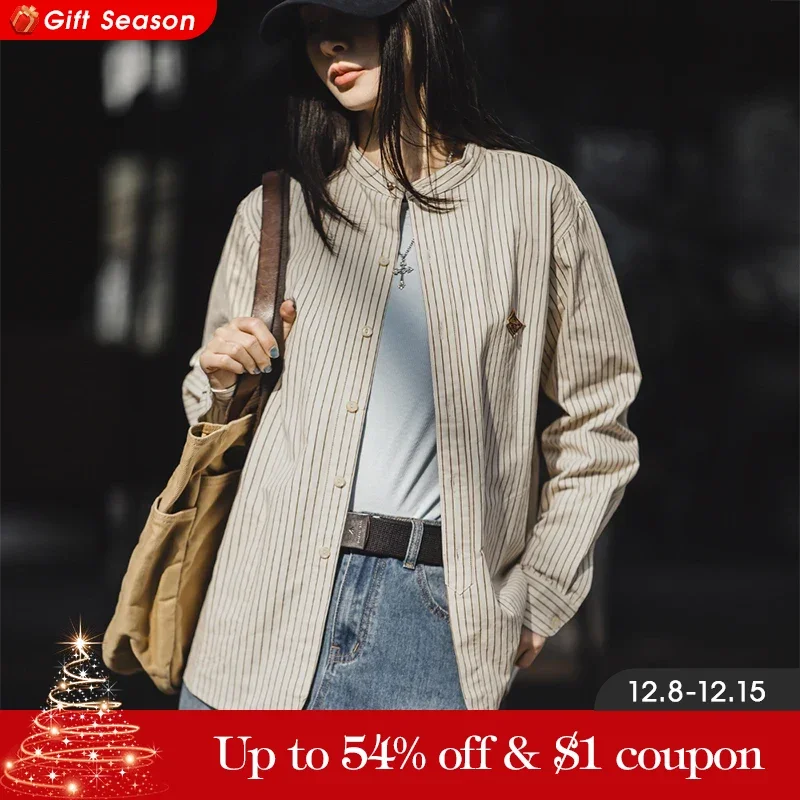 Maden Stand Collar Striped Shirts for Women Loose Fit Long-sleeved Cotton Blouses Ladies Spring and Autumn Shirt Jacket Soft Top