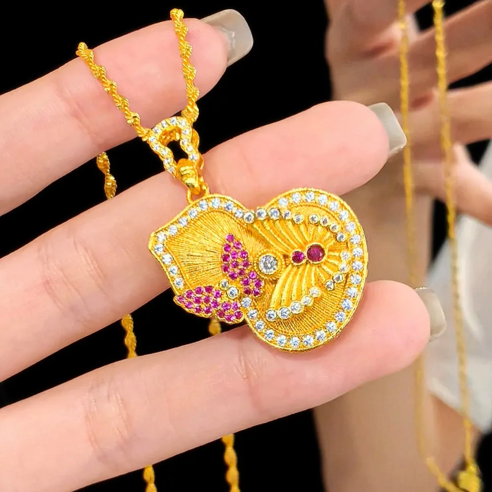 Brushed rose red diamond double butterfly gourd pendant light luxury retro style Fu Lu 9999gold