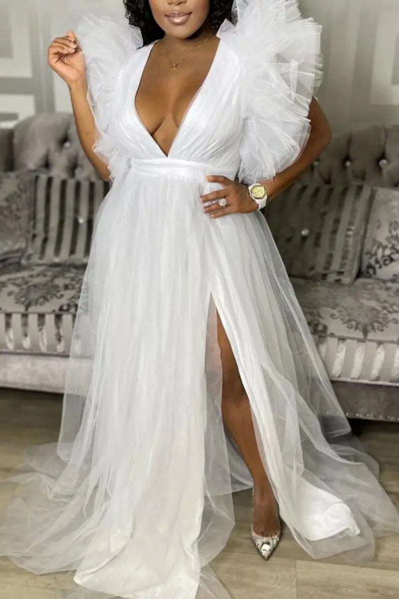 

Cascading Ruffles Shoulder High Side Split Mesh Patchwork Christmas Maxi Long Dress Women Sexy Evening Birthday Party Vestidos
