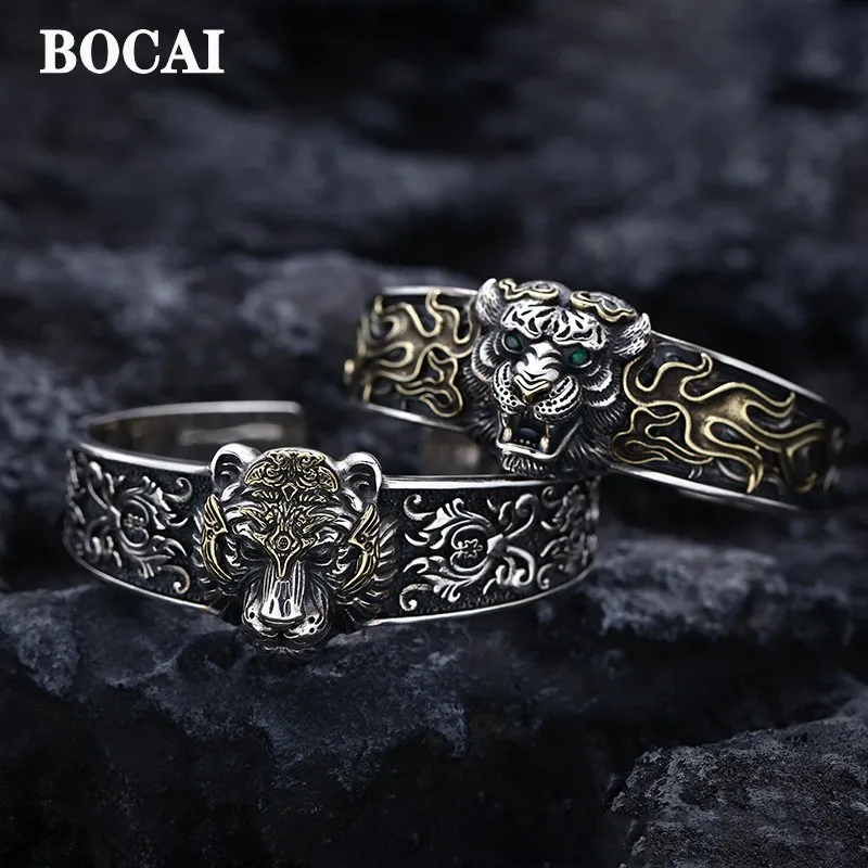 New Real s925 Silver Trendy Good Luck Tiger Head Bracelet for Men Adjustable Fashion Jewelry Accessories Christmas Gifts