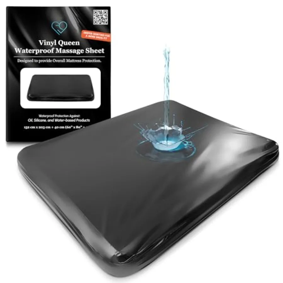 

Black Vinyl Waterproof Fitted Massage Bed Sheet with Side Pocket Mattress Protector Bed Cover for Nuru Massage - Oil Water-Base