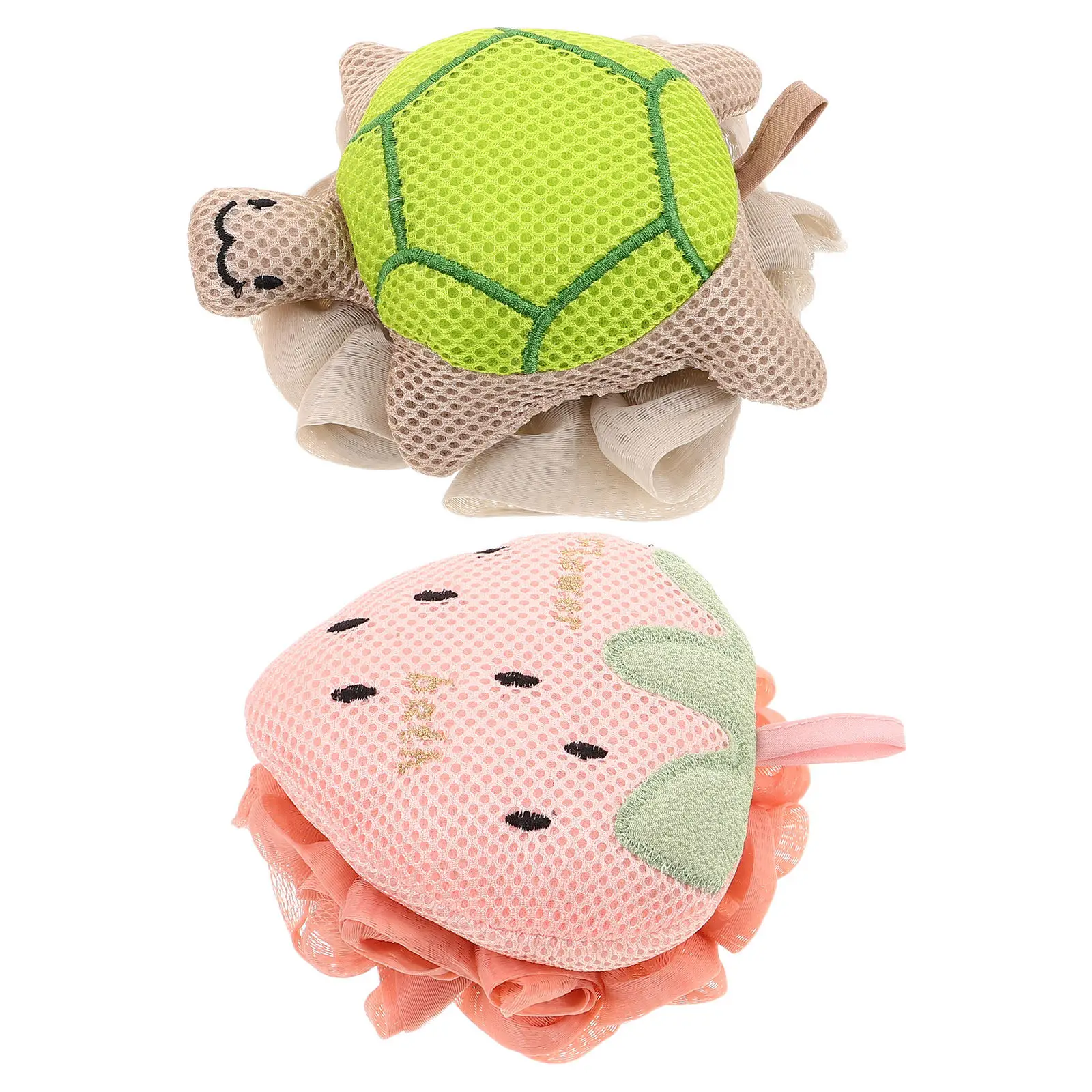 2Pcs Cute Cartoon Bath Sponge Loofah Set Strawberry Turtle Design Rich Foam Mesh Shower Exfoliator Gentle Skin Care Bath