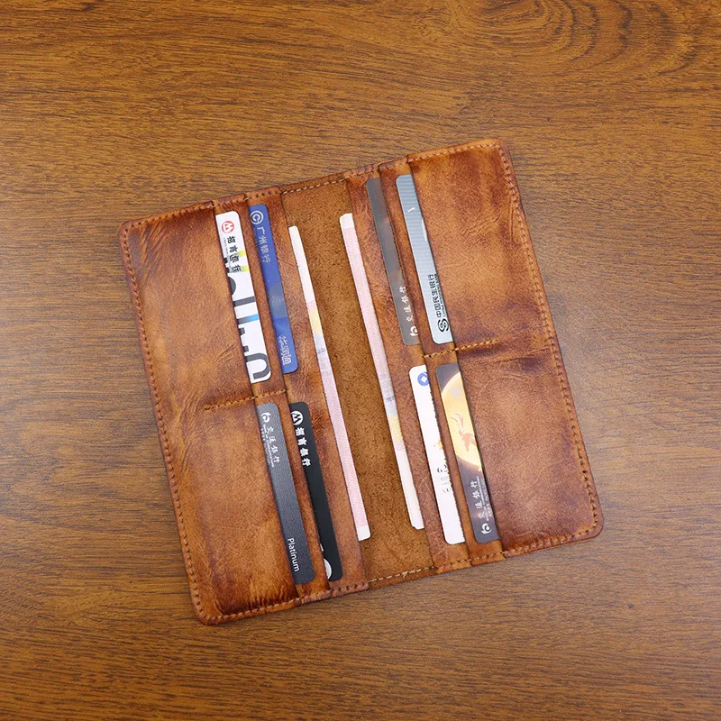 

Новый винтажный длинный кошелек ручной работы из натуральной кожи для мужчин, унисекс, слоты для нескольких карт, просторный держатель для карт, мужской тонкий кошелек