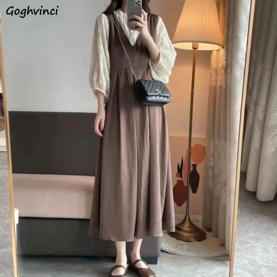 S-3XL French Strap Dresses Women Vintage Folds Stylish V-neck Long Dress Spring Office Lady Classy Temper All-match Sleeveless