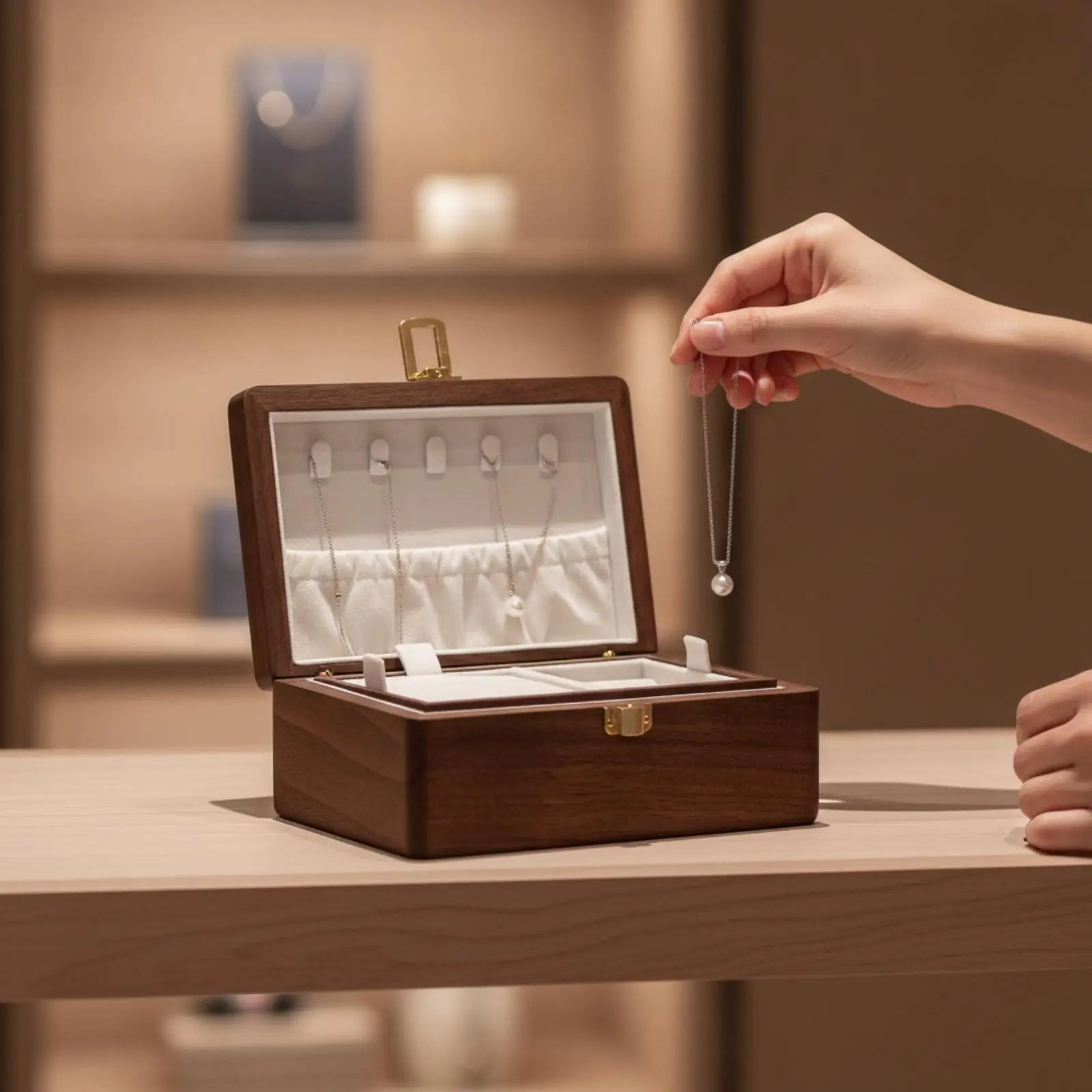 Soft-Lined Wooden Jewelry Box Natural Walnut Jewelry Box Compact Organizer Soft