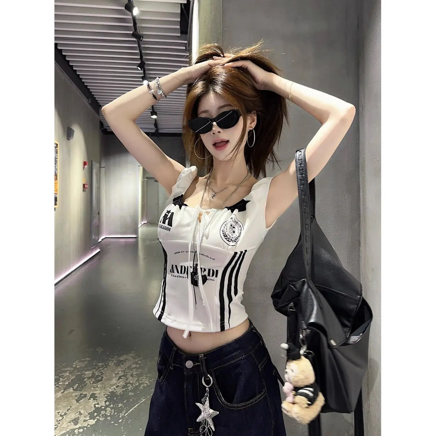 

Harajuku 2025 American Y2K letter printed camisole vest for womens summer drawstring gothic short top womens tops